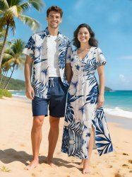 Hibiscus Flowers Tropical Leaf Print Plus Size Matching Hawaii Beach Outfit For Couples -  