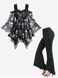 Skull Bowknot Heart Print Handkerchief Top and Lace Up Side Scalloped Hem Flare Pants Plus Size Outfit -  