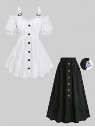 Jacquard Embroidery Pointelle Hollow Out Top and Mock Button Layered Pocket A Line Skirt Plus Size Outfit -  