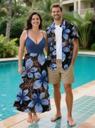 Ombre Leaf Print Plus Size Matching Hawaii Beach Outfit For Couples -  