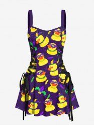 Ducks Clawn's Hat Feather Print Lace Up Hawaii Tank Dress -  