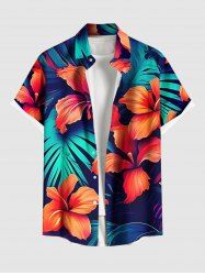 Chemise hawaïenne grande taille à imprimé feuilles tropicales et fleurs d'hibiscus, avec poches et boutons, pour homme - Bleu Marine S