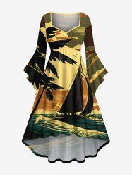 Plus Size Coconut Tree Sun Boat Sea Waves Print Flare Sleeves Ruched Hawaii High Low Dress -  