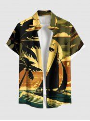 Plus Size Coconut Tree Sun Boat Sea Waves Print Buttons Pocket Hawaii Shirt For Men -  