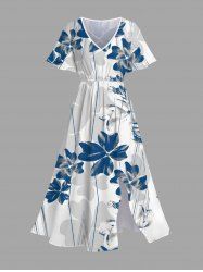 Plus Size Two Tone Leaf Print Hawaii Split Pocket A Line Midi Dress -  