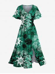 Robe mi-longue hawaïenne fendue à imprimé floral tropical et feuilles tropicales grande taille - Vert L