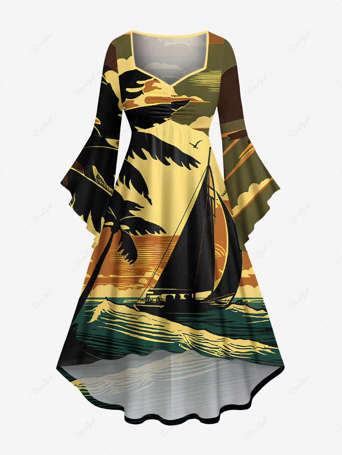Trendy Plus Size Coconut Tree Sun Boat Sea Waves Print Flare Sleeves Ruched Hawaii High Low Dress  