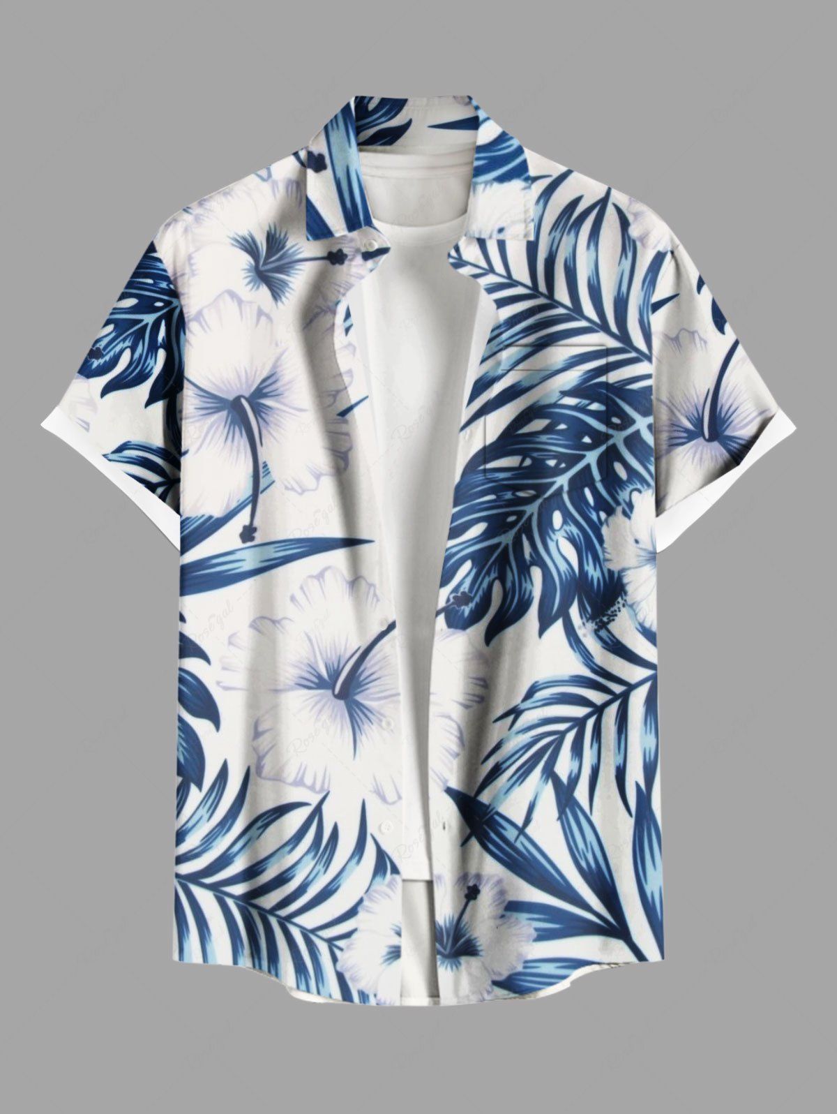 Chemise hawaïenne grande taille à imprimé feuilles tropicales et fleurs d'hibiscus, avec poches et boutons, pour homme Blanc XL
