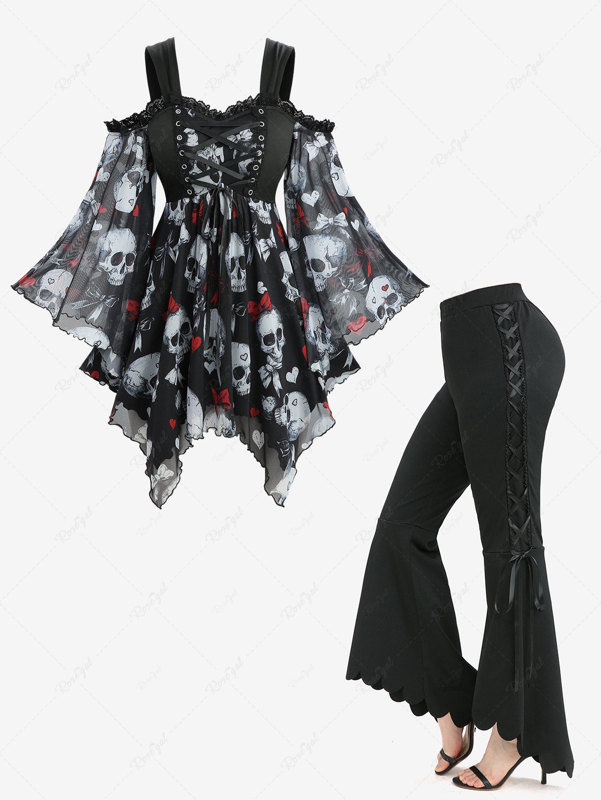 Shop Skull Bowknot Heart Print Handkerchief Top and Lace Up Side Scalloped Hem Flare Pants Plus Size Outfit  