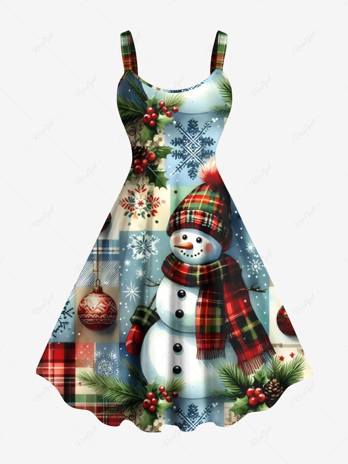 Fancy Plus Size Christmas Ball Snowflake Snowman Plaid Print A Line Tank Dress  
