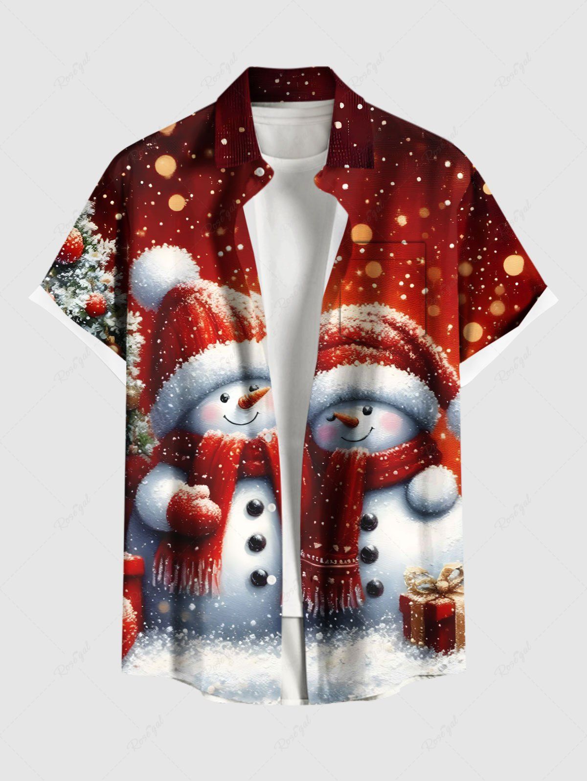 Trendy Plus Size Christmas Tree Snowman Light Spot Print Ombre Button Pocket Shirt For Men  