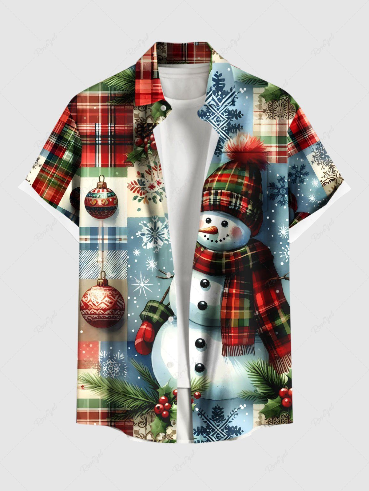 Sale Plus Size Christmas Ball Snowflake Snowman Plaid Print Button Pocket Shirt For Men  