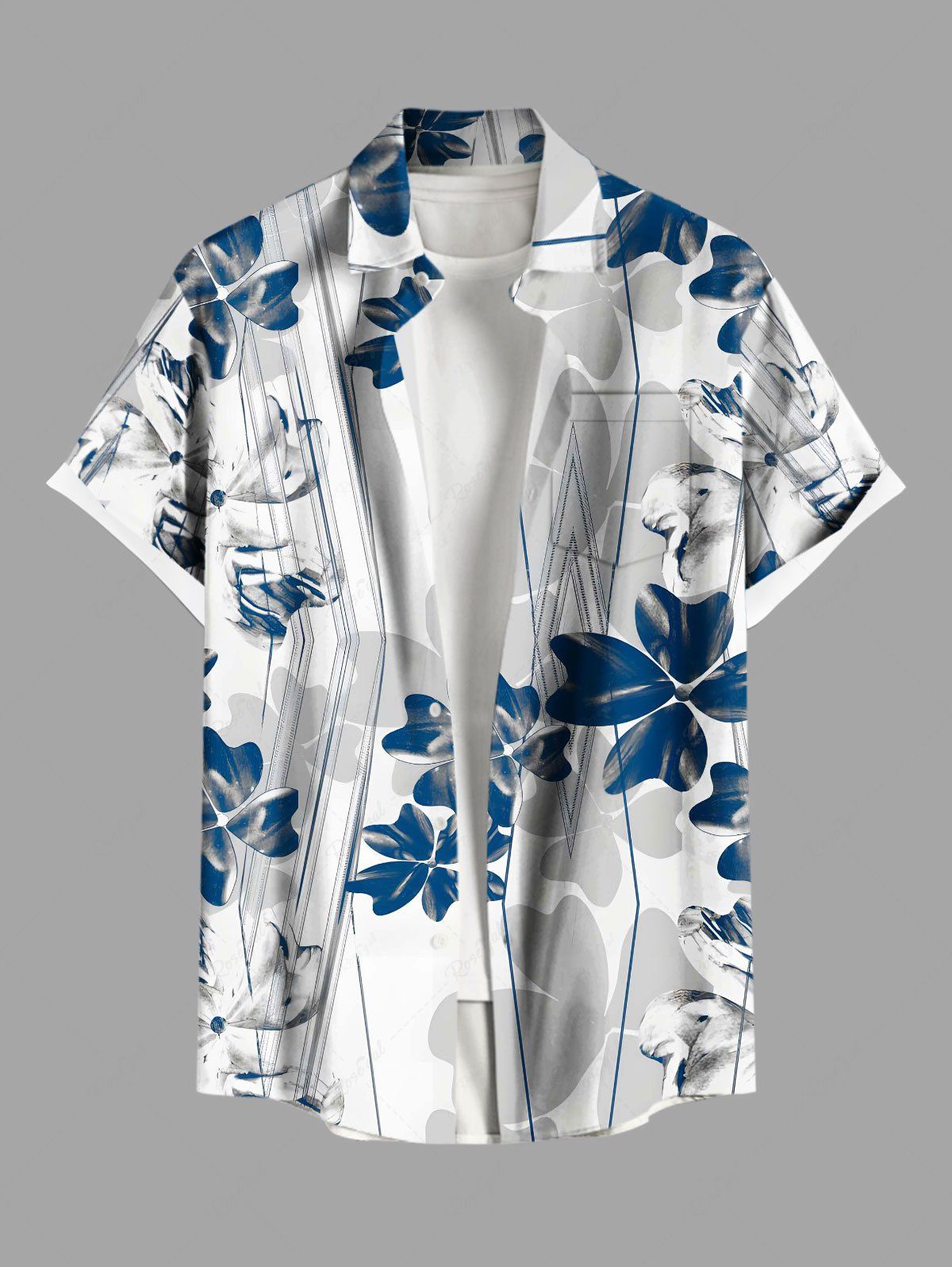 Chemise hawaïenne à poches boutonnées, imprimé feuilles bicolores, grandes tailles pour hommes Blanc 2XL