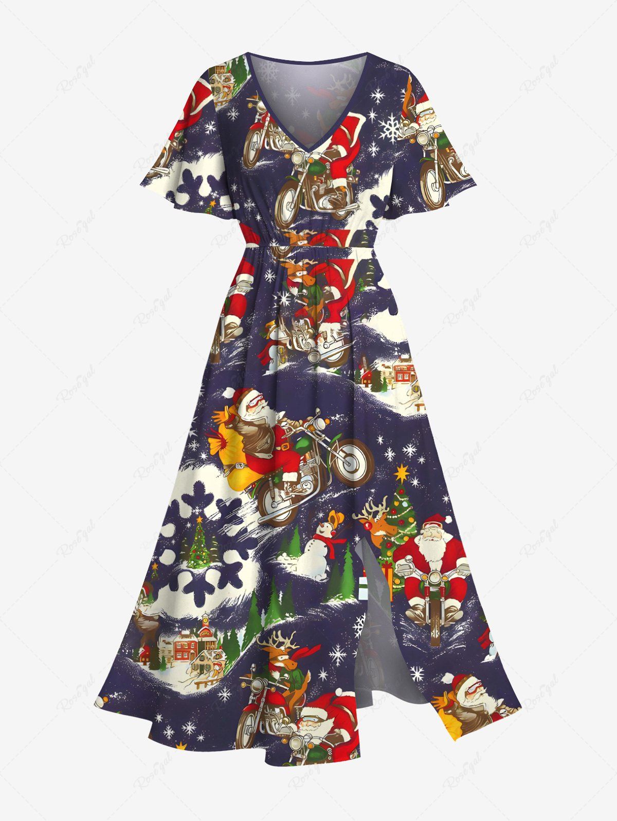 Affordable Plus Size Christmas Tree Snowflake Snowman Santa Claus Elk Print Split Pocket A Line Midi Dress  