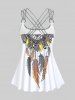 Plus Size Feather Print Crisscross Strappy Back Rings Boyshorts Tankini Swimsuit -  