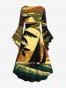 Plus Size Coconut Tree Sun Boat Sea Waves Print Flare Sleeves Ruched Hawaii High Low Dress -  