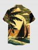 Plus Size Coconut Tree Sun Boat Sea Waves Print Buttons Pocket Hawaii Shirt For Men -  