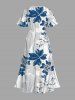 Plus Size Two Tone Leaf Print Hawaii Split Pocket A Line Midi Dress -  