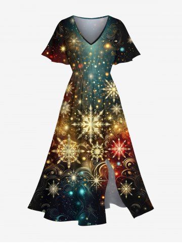 Plus Size Christmas Snowflake Galaxy Glitter 3D Print Split Midi Dress - BLACK - 2X