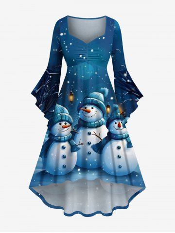Plus Size Christmas Snowman Snowflake Tree Street Light Print Flare Sleeve Ruched High Low Dress - SKY BLUE - XXS