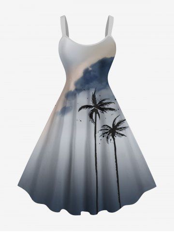 Plus Size Coconut Tree Cloud Ombre Print Hawaii Tank Dress - LIGHT GRAY - S