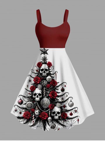 Plus Size Christmas Tree Ball Skulls Rose Flower Spider Web Print Tank Dress - WHITE - XXS