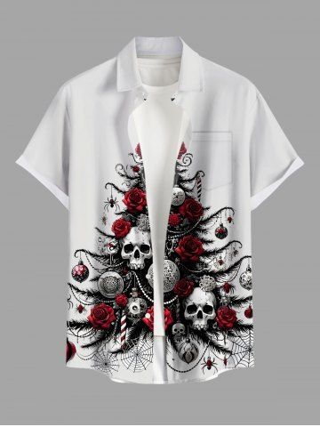 Plus Size Christmas Tree Ball Skulls Rose Flower Spider Web Print Buttons Pocket Shirt For Men - WHITE - 6XL