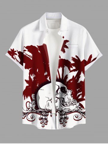 Plus Size Skull Coconut Tree Floral Print Buttons Pocket Hawaii Shirt For Men - WHITE - L