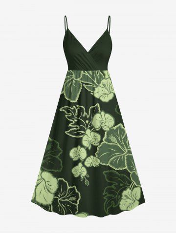 Plus Size Hibiscus Flowers Leaf Print Surplice Hawaii Cami Dress - GREEN - 4X