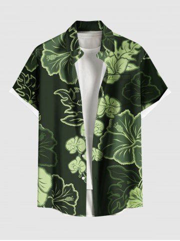 Plus Size Hibiscus Flowers Leaf Print Buttons Pocket Hawaii Shirt For Men - GREEN - L