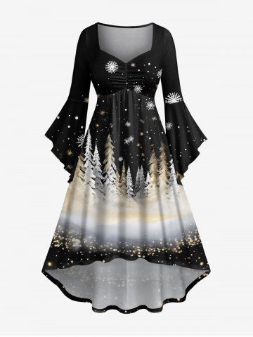Plus Size Christmas Tree Snowflake Print Ruched Flare Sleeves High Low Dress - BLACK - XXS