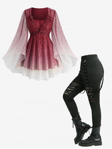 Stars Silver Stamping Ombre Print Mesh Flare Sleeves Top and Skull Hollow Out Fish Net Leggings Plus Size Outfit - RED