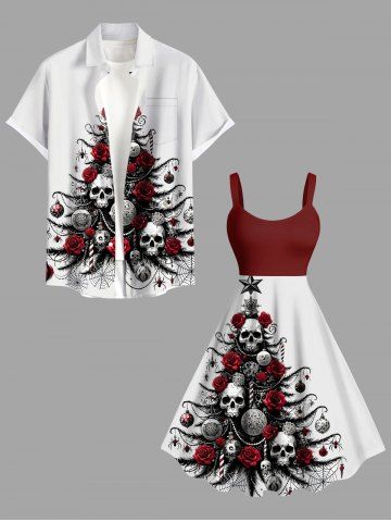 Christmas Tree Ball Skulls Rose Flower Spider Web Print Plus Size Matching Outfit For Couples - WHITE