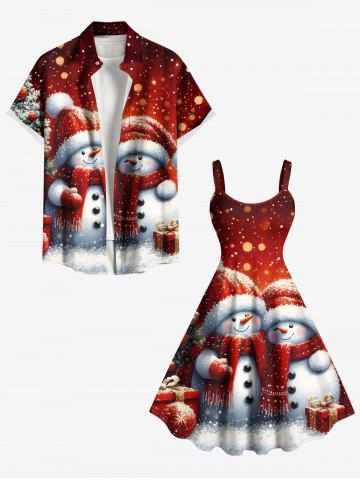 Christmas Tree Snowman Light Spot Print Plus Size Matching Outfit For Couples - RED