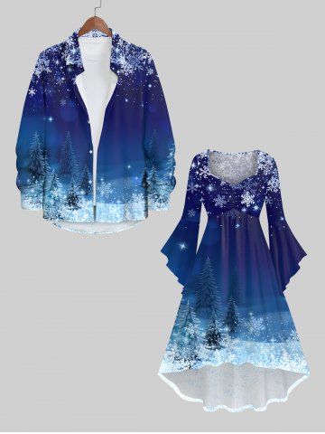 Christmas Tree Snowflake Glitter Ombre Galaxy Print Plus Size Matching Outfit For Couples - BLUE