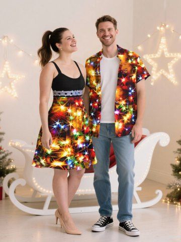 Christmas Star Colorful Light Glitter Light Beam 3D Print Plus Size Matching Outfit For Couples - MULTI-A