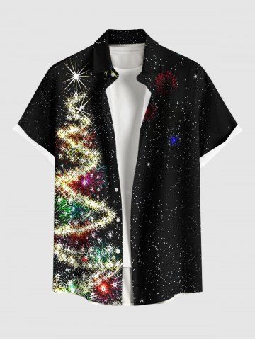 Plus Size Glitter Christmas Tree Light Fireworks Print Button Pocket Shirt For Men - BLACK - 5XL