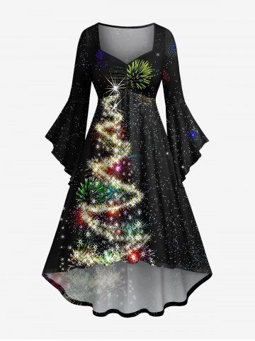 Plus Size Glitter Christmas Tree Light Fireworks Print Ruched High Low Asymmetric Dress - BLACK - L