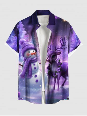 Plus Size Christmas Tree Snowman Elk Ombre Galaxy Print Button Pocket Shirt For Men - PURPLE - 5XL