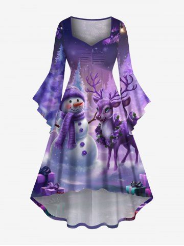 Plus Size Christmas Tree Snowman Elk Ombre Galaxy Print Ruched High Low Asymmetric Dress - PURPLE - L