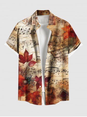 Plus Size Maple Leaf Music Symbol Ombre Print Hawaii Button Pocket Shirt For Men - ORANGE - 6XL
