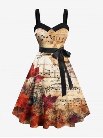 Plus Size Maple Leaf Music Symbol Ombre Print Hawaii Button A Line Tank Dress with Removable Belt - LIGHT BROWN - XS