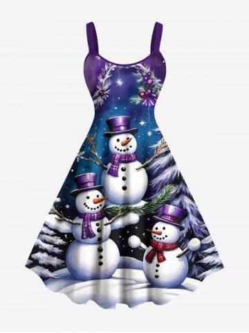Plus Size Christmas Tree Snowflake Snowman Galaxy Print A Line Tank Dress - NAVY BLUE - 1X