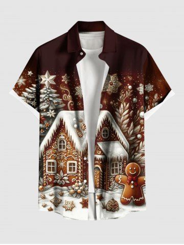 Plus Size Christmas Tree Snowflake House Gingerbread Print Button Pocket Shirt For Men - LIGHT BROWN - L