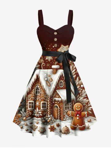 Plus Size Christmas Tree Snowflake House Gingerbread Print Button A Line Dress with Removable Belt - LIGHT BROWN - 3X