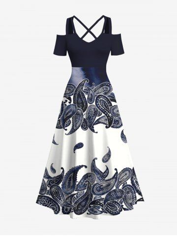 Plus Size Paisley Tie Dye Printed Hawaii Cold Shoulder Crisscross A Line Maxi Dress - BLACK - 4X