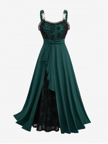 Plus Size Gothic Spider Web Flocking Mesh Lace Trim Asymmetrical Ruffles Hem Tank Dress - GREEN - 4X | US 26-28