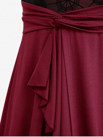 Plus Size Gothic Spider Web Flocking Mesh Lace Trim Asymmetrical Ruffles Hem Tank Dress