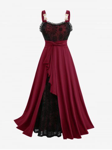 Plus Size Gothic Spider Web Flocking Mesh Lace Trim Asymmetrical Ruffles Hem Tank Dress