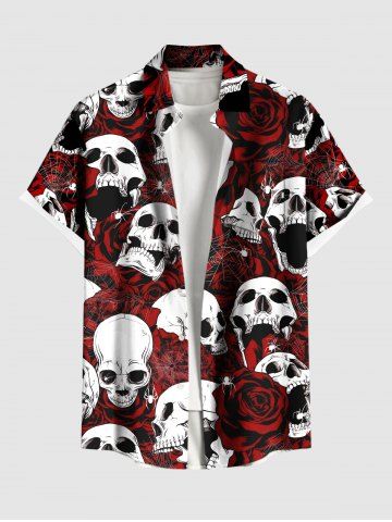 Skulls Rose Flower Spider Web Print Button Pocket Shirt For Men - RED - M